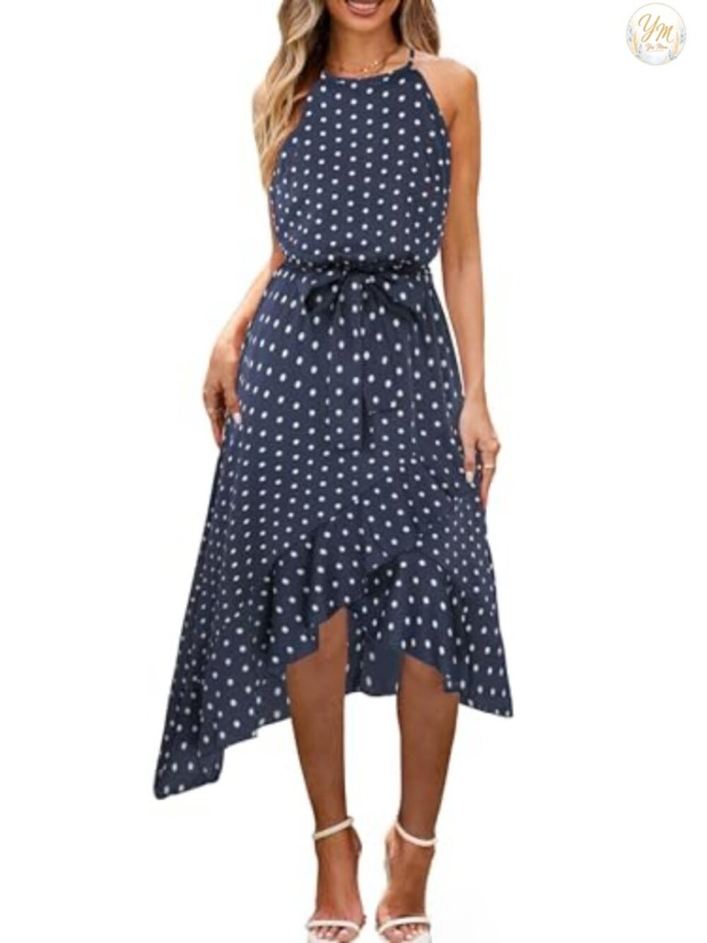 Sleeveless Halterneck Ruffle High Low Midi Dress with Pockets